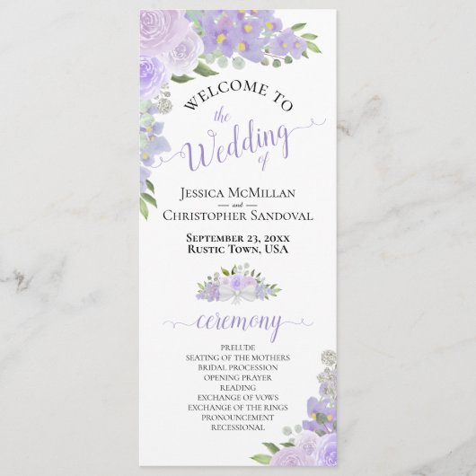 Elegant Lavendel Boho Waterverf Bloemen Bruiloft Programmakaart (Voorkant)