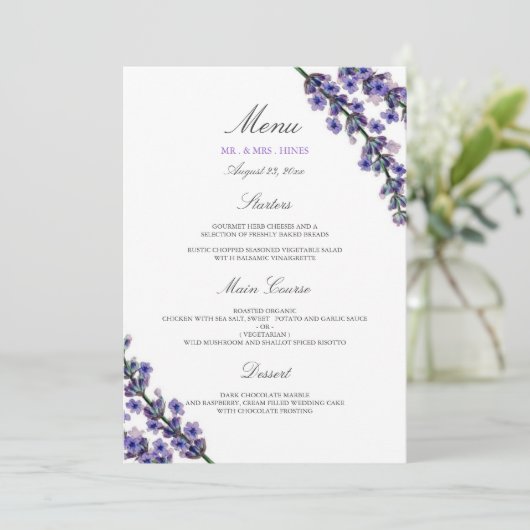 Elegant Lavendel Bruiloft Diner Menu (Staand voorkant)