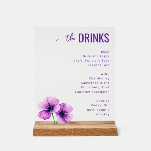 Elegant Lavendel Drankkaart Sign Acryl Bord (Voorkant)