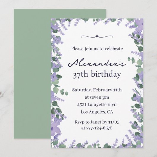 Elegant Lavendel Floral Lijst 37e verjaardag Kaart (Voorkant / Achterkant)