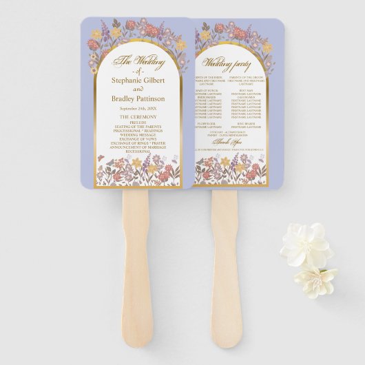 Elegant Lavendel Goud Wildflower Trouwprogramma Handwaaier (Voorkant en achterkant)