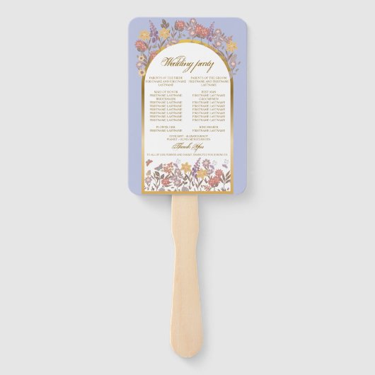 Elegant Lavendel Goud Wildflower Trouwprogramma Handwaaier (Achterkant)
