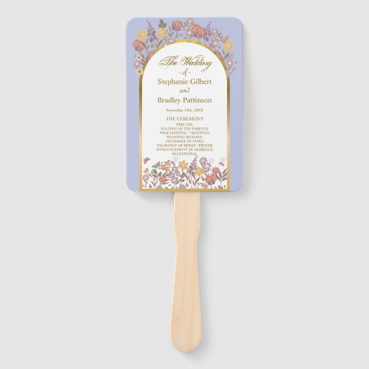 Elegant Lavendel Goud Wildflower Trouwprogramma Handwaaier (Voorkant)