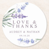 Elegant Lavendel Liefde en Dank Trouw Geschenk Ronde Kartonnen Onderzetter (Voorkant)