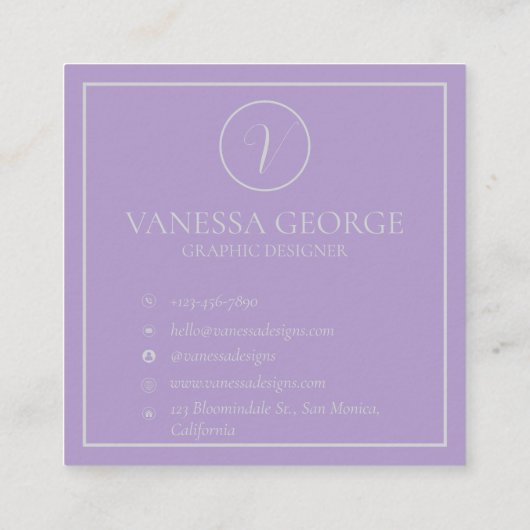Elegant Lavendel Monogram Aangepast Vierkante Visitekaartje (Achterkant)