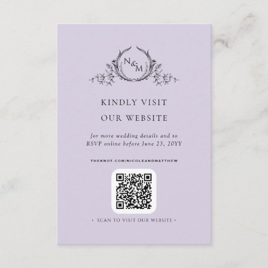Elegant Lavendel Monogram QR Code/RSVP Online Informatiekaartje (Voorkant)
