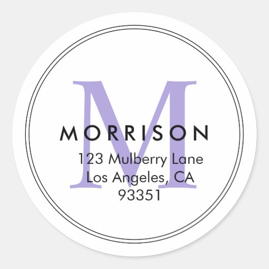 Elegant Lavendel Monogram Retouradres Ronde Sticker (Voorkant)