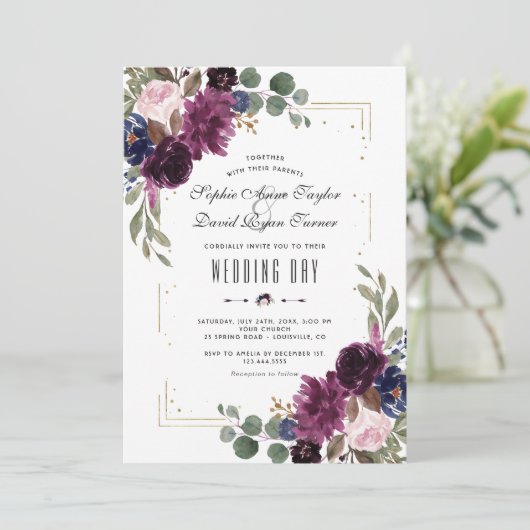 Elegant Lavendel Navyblauw Bloemengoud Bruiloft Kaart (Staand voorkant)