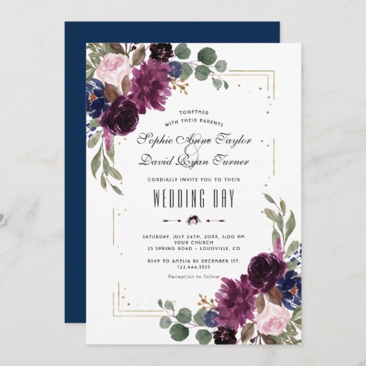 Elegant Lavendel Navyblauw Bloemengoud Bruiloft Kaart (Voorkant / Achterkant)