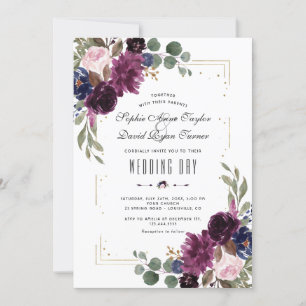 Elegant Lavendel Navyblauw Bloemengoud Bruiloft Kaart