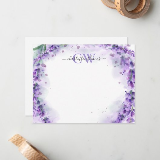 Elegant lavendel script monogram notitiekaartje (Voorkant / Achterkant in situ)