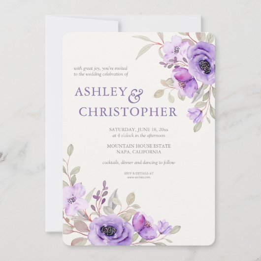 Elegant Lavendel Waterverf Bloemen Boeket Bruiloft Kaart (Voorkant)