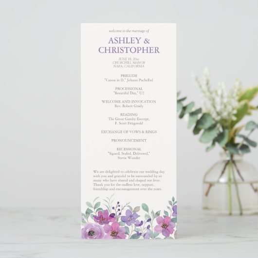 Elegant Lavendel Waterverf Bloemen Trouwprogramma (Staand voorkant)