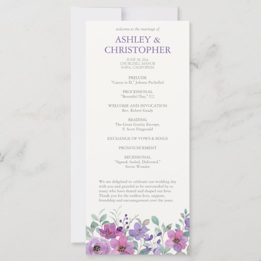 Elegant Lavendel Waterverf Bloemen Trouwprogramma (Voorkant)