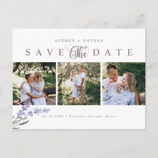 Elegant Lavender 3 Foto's sparen de Datum Aankondigingskaart (Voorkant)