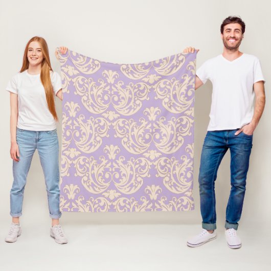 Elegant Lavender Baroque Damask Fleece Blanket (In situ)