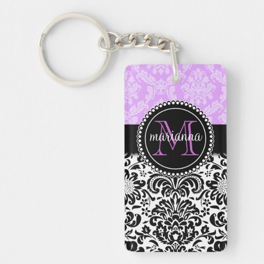 Elegant Lavender Black Damask gepersonaliseerd Sleutelhanger (Voorkant)