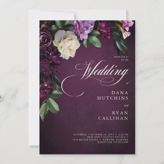 Elegant Lavender & Burgundy Floral Script Wedding Kaart (Voorkant)