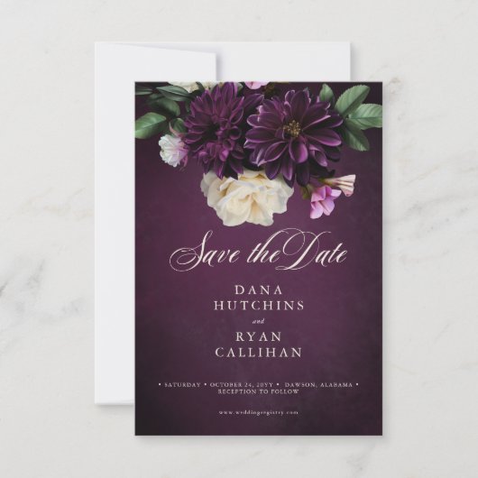 Elegant Lavender & Burgundy Floral Script Wedding Save The Date (Voorkant)