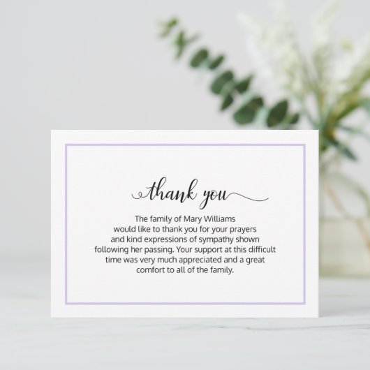 Elegant Lavender Calligraphy Funeral Bedankt (Staand voorkant)