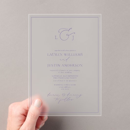 Elegant Lavender Calligraphy Monogram Wedding Acryl Uitnodigingen (Insitu (Draagbaar))