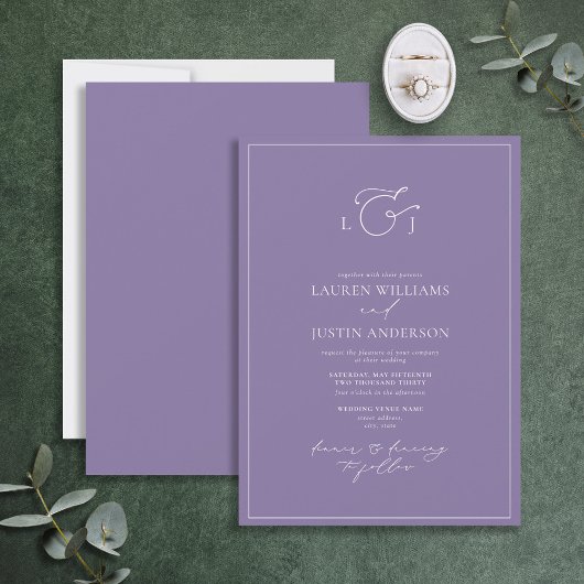 Elegant Lavender Calligraphy Monogram Wedding Kaart