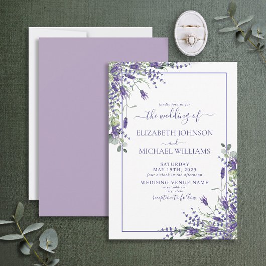 Elegant Lavender Eucalyptus Floral Script Weddensc Kaart