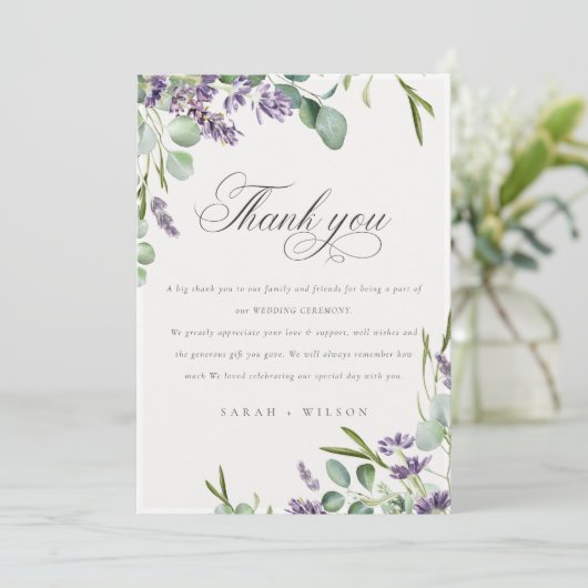 Elegant Lavender Eucalyptus Leafy Foliage Wedding Bedankkaart (Staand voorkant)
