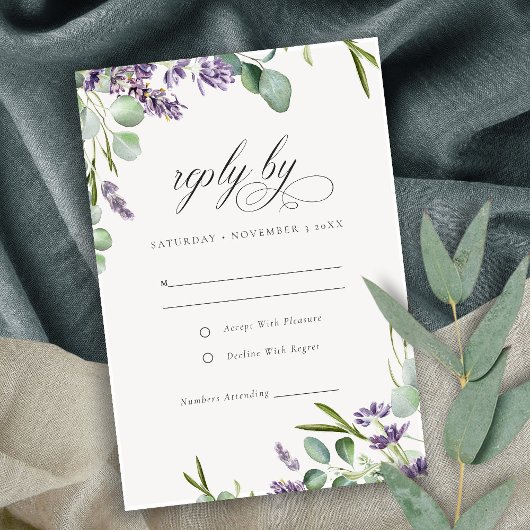 Elegant Lavender Eucalyptus Leafy Foliage Wedding RSVP Kaartje