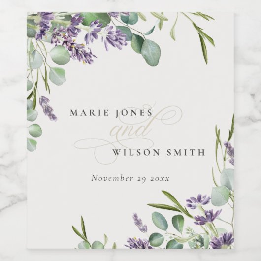 Elegant Lavender Eucalyptus Leafy Foliage Wedding Wijn Etiket (Enkel label)