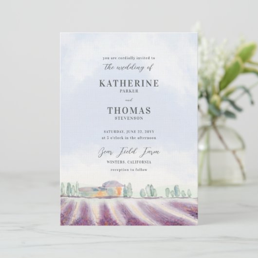 Elegant Lavender Field Rustic All in One Wedding Kaart (Staand voorkant)