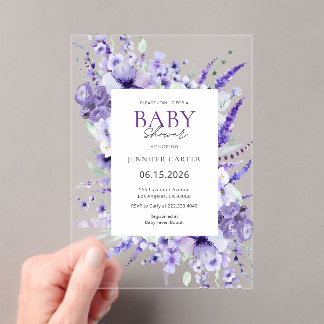 Elegant Lavender Floral Baby Shower Purple  Acryl Uitnodigingen