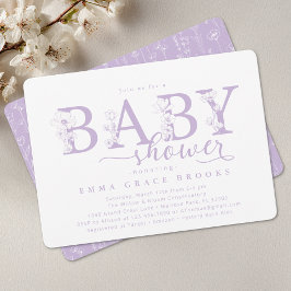 Elegant Lavender Floral Baby Shower Typography Kaart