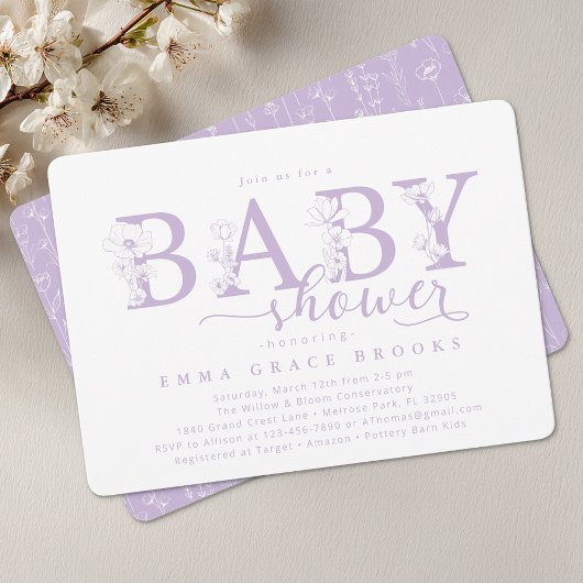 Elegant Lavender Floral Baby Shower Typography Kaart