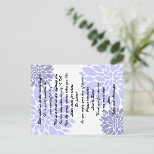 Elegant Lavender Floral Burst Snoep Buffet Kaarten (Staand voorkant)