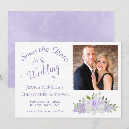 Elegant Lavender Floral Calligraphy Photo Wedding Save The Date (Voorkant / Achterkant)
