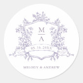 Elegant Lavender Floral Crest Monograms Wedding Ronde Sticker (Voorkant)