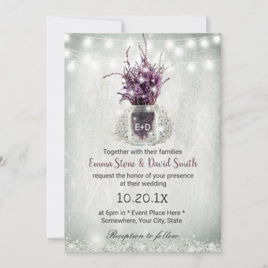 Elegant Lavender Floral Jar String Lights Wedding Kaart (Voorkant)