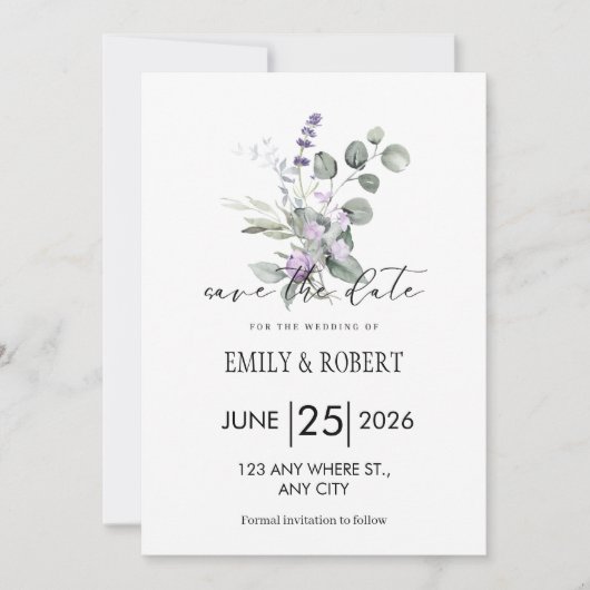 Elegant Lavender Floral Minimalist Save the Date (Voorkant)