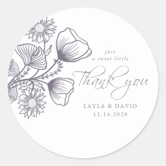 Elegant Lavender Floral Outline Dank u Ronde Sticker (Voorkant)