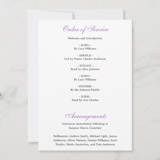 Elegant Lavender Floral Printable Funeral Programm Aankondiging (Achterkant)