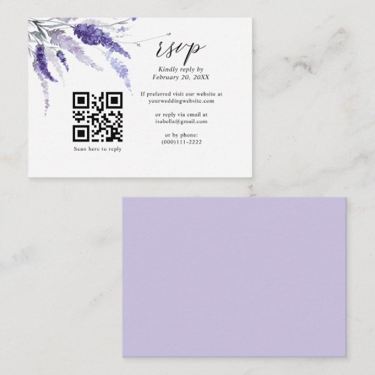 Elegant Lavender Floral QR Code Lila huwelijk RSVP Informatiekaartje (Voorkant / Achterkant)