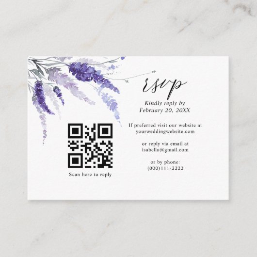 Elegant Lavender Floral QR Code Lila huwelijk RSVP Informatiekaartje (Voorkant)