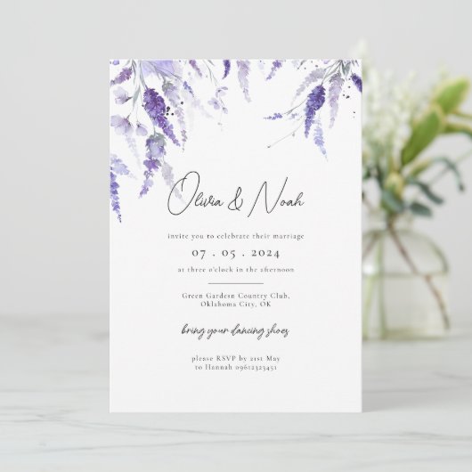 Elegant Lavender Floral Waterverf Lila huwelijk Kaart (Staand voorkant)