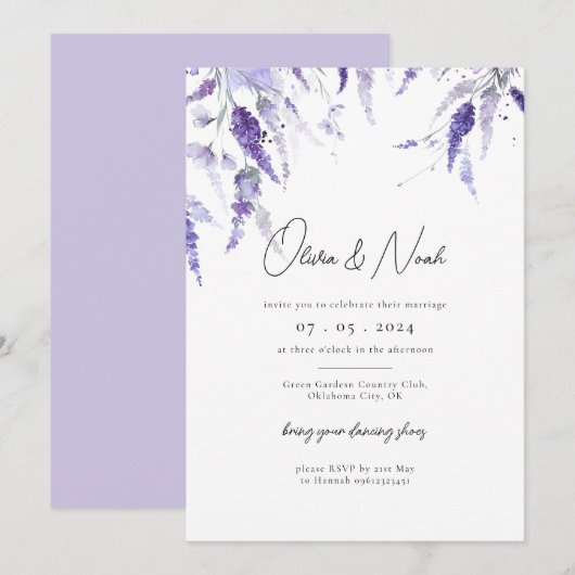 Elegant Lavender Floral Waterverf Lila huwelijk Kaart (Voorkant / Achterkant)