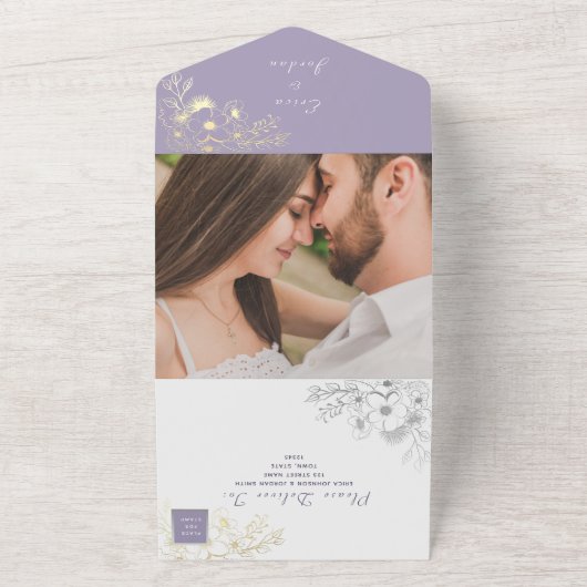 Elegant Lavender Floral Wedding All In One Uitnodiging (Buitenkant)