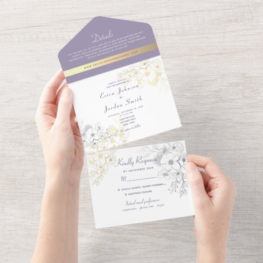 Elegant Lavender Floral Wedding All In One Uitnodiging (Afscheurbaar)