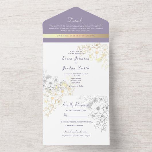 Elegant Lavender Floral Wedding All In One Uitnodiging (Binnen)