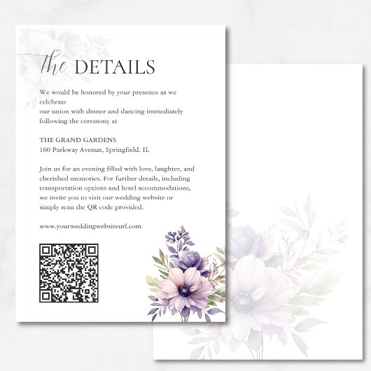 Elegant Lavender Floral Wedding Details QR Code  Informatiekaartje