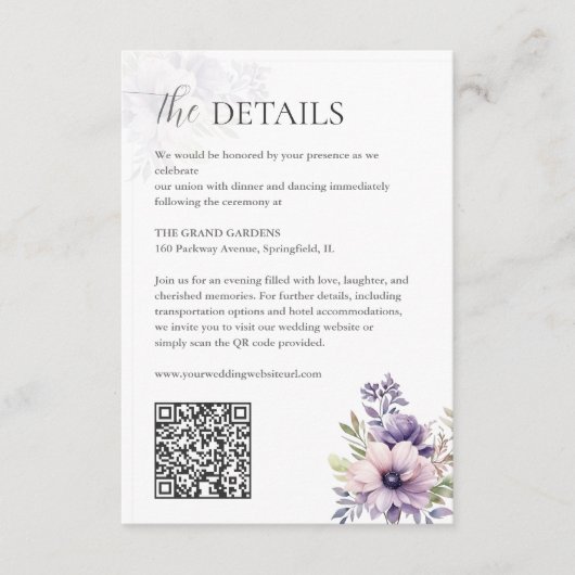 Elegant Lavender Floral Wedding Details QR Code Informatiekaartje (Voorkant)